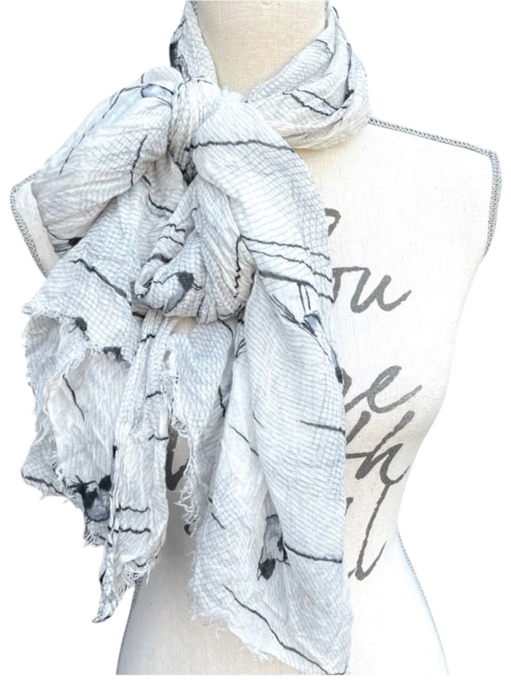 Light Grey/Black Birds on Wire Gauze Scarf Wrap Shawl